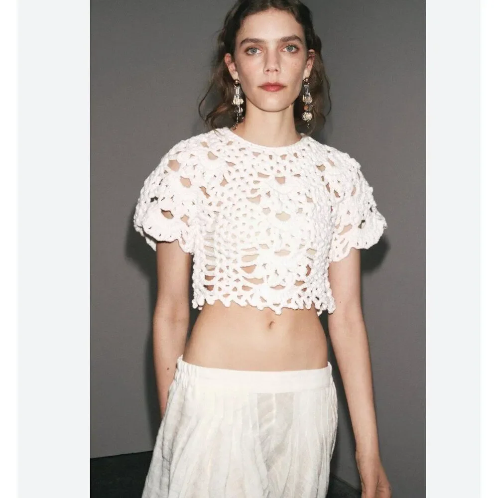 Zara Womens Top Shirt XS S White Short Sleeve Crochet Cropped 0021/024 NWT